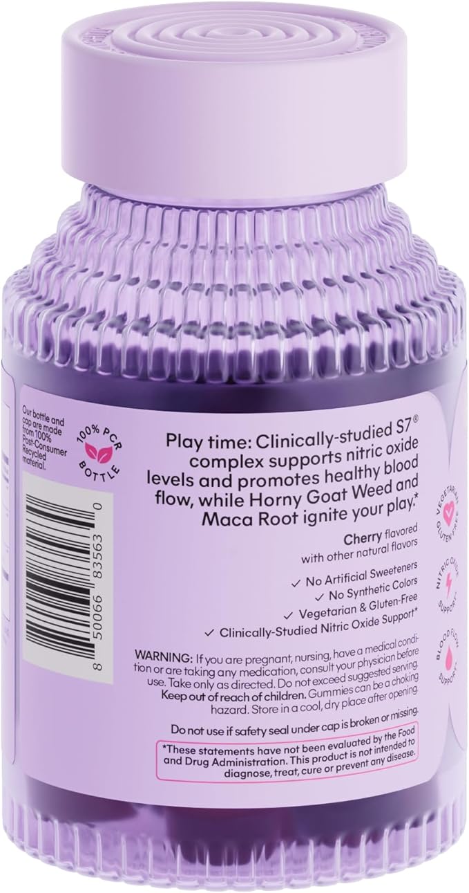 Lemme Play Daily Intimacy Gummies for Women and Men w/Clinically-Studied S7 Nitric Oxide Complex for Healthy Blood Flow Maca Root Goat Weed - Cherry Flavored (60 Count)