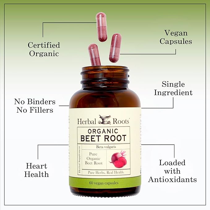 Herbal Roots Organic Beet Root Powder Capsules - 1500mg per Serving - Certified USDA Organic - Non-GMO - 60 Count Vegan Capsules