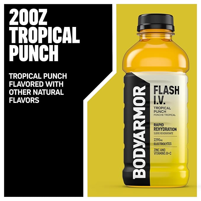 BODYARMOR Flash I.V. Electrolyte Beverage Tropical Punch Hydration Drink with Coconut Water For Rapid Rehydration Post Workout Recovery 20 Fl Oz (Pack of 12)