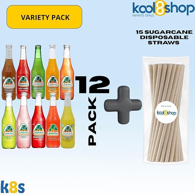 Jarritos Variety Pack Mexican Soft Soda Drink 12 fl oz Glass Bottles 12 Pack + 15 Sugarcane Disposable Straws by KOOL8SHOP Infinite Deals