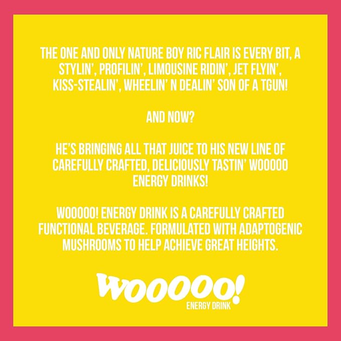 Wooooo! Energy Ric Flair Sparkling Adaptogenic Mushroom Energy Drink | Natural Antioxidants &amp Nootropics | Lion’s Mane &amp Cordyceps | 150mg Caffeine | 12 Pack (Strawberry Banana)