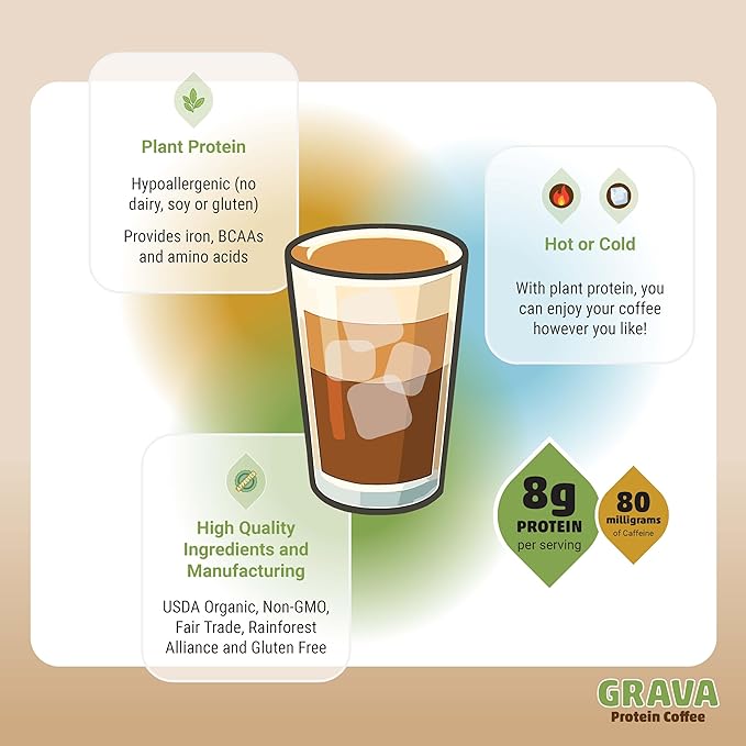 Grava Organic Plant Protein Coffee Sticks Traditional Unsweetened - 8g Plant Protein 80mg Caffeine - USDA Organic Non-GMO &amp Fair Trade - Gluten Free &amp Vegan - Single Serve Packet 20 Serving