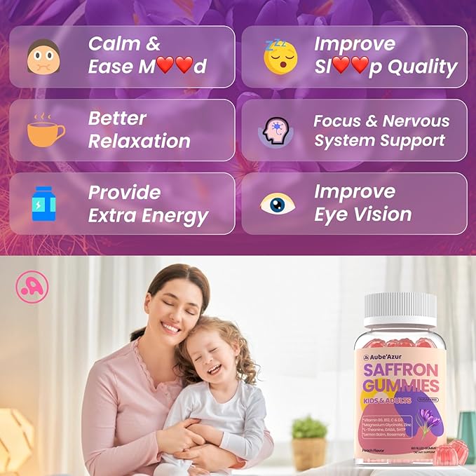 Saffron Gummies for Kids Adults 88.5mg 15-in-1 Saffron Supplements for Kids with B6 B12 C D3 Magnesium Glycinate Zinc for Nerve Rest Focus Sugar Free Vegan Non- GMO Peach Flavor 60 Count