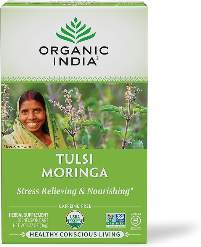 Organic India Tulsi Moringa Tea Bags - Holy Basil Lemongrass Moringa Leaves Stress Relieving &amp Nourishing Immune Support Tea Vegan Certified Organic Caffeine-Free - 18 Infusion Bags 1 Pack