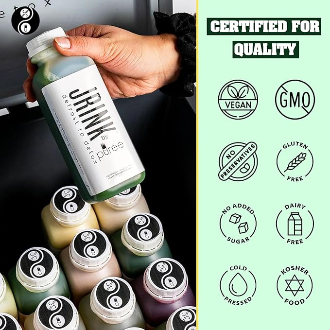 JRINK by Purée Daily Green Juice Cold Pressed Organic Fruit and Vegetable Blend Detox Cleanse Healthy Raw Greens Drink No Preservatives Juice Cleanse 16oz HDPE Bottles Pack of 18