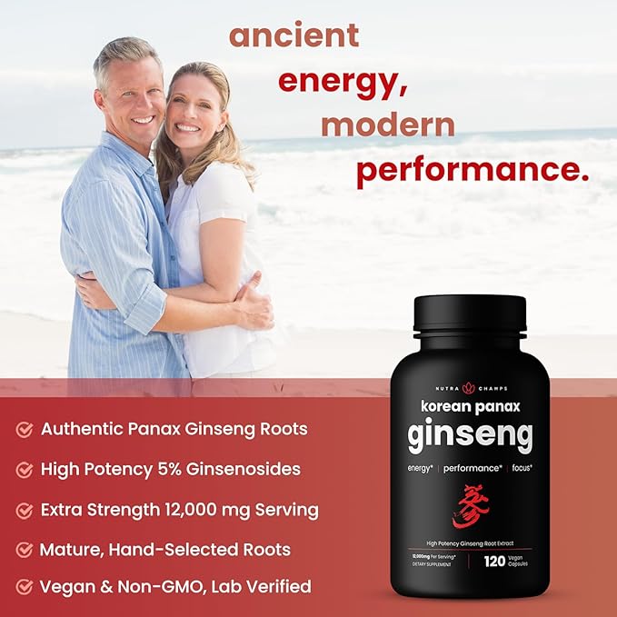 NutraChamps Korean Red Panax Ginseng Capsules | Extra Strength Ginsenosides for Energy Focus Performance Vitality &amp Immune Support | Korean Ginseng Root Extract (120 Red)