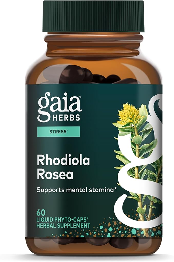 Gaia Herbs Rhodiola Rosea - Stress Support Supplement Traditionally for Supporting Healthy Stamina &amp Endurance - with Siberian Rhodiola Root Extract* - 60 Vegan Liquid Phyto-Caps (60 Servings)