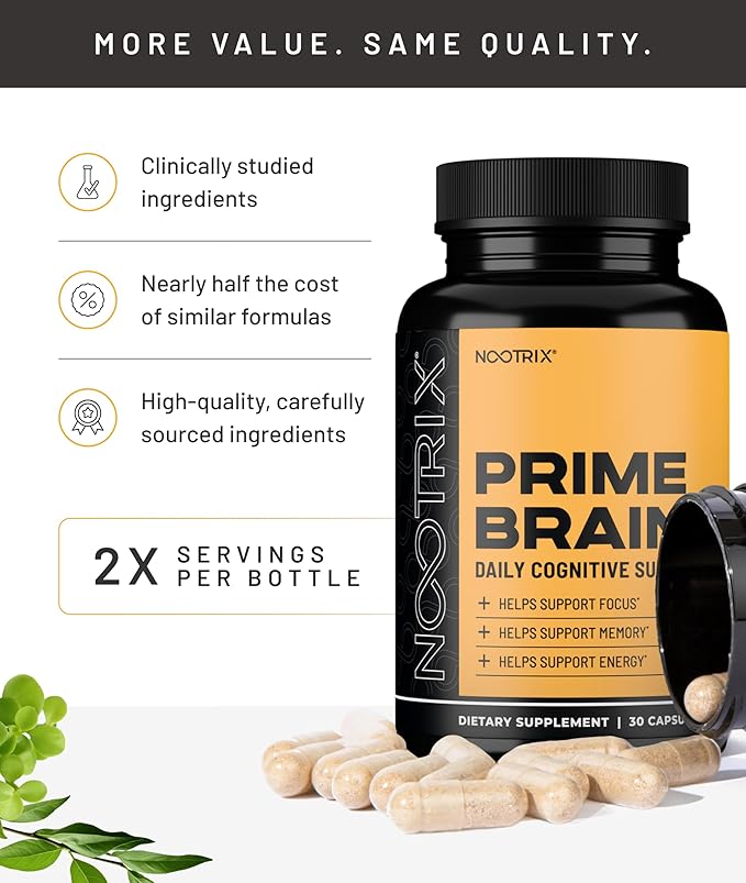 Nootrix Prime Brain Nootropic Supplement | Supports Memory Mental Focus Cognitive Health &amp Energy | Promotes Healthy Mood &amp Brain Function | Ginkgo Biloba Lion's Mane &amp L Theanine | 180