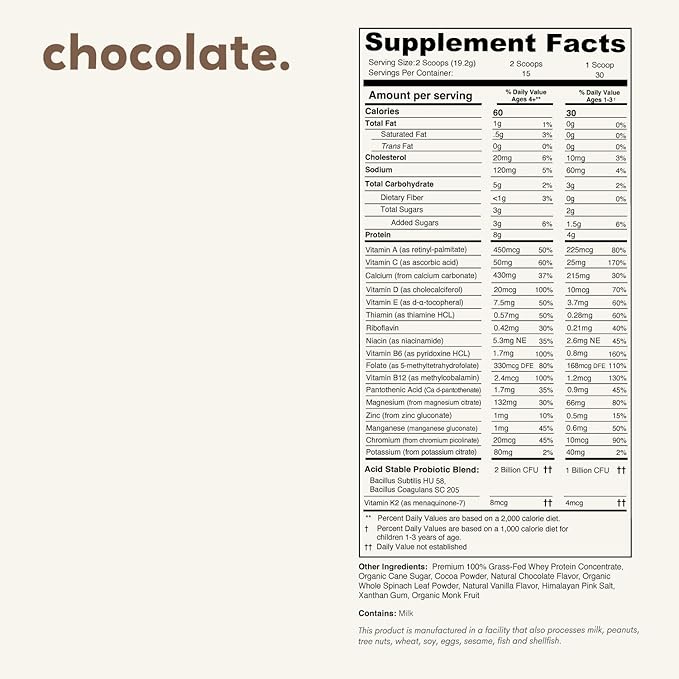 Mighty Chocolate Milk - Kids Daily Protein Powder Boosted with 2 Billion Probiotics and Organic Spinach Leaves - Natural Flavors Colors and Sweeteners - 15-30 Servings