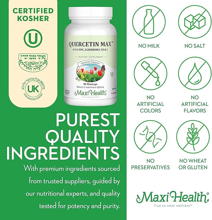 Maxi Health Quercetin 500mg Capsules – Zinc Supplements for Women and Men – Non-GMO Kosher and Gluten-Free Quercetin Supplements with Elderberry Vitamin C and Zinc (90 Veg Capsules Pack of 2)