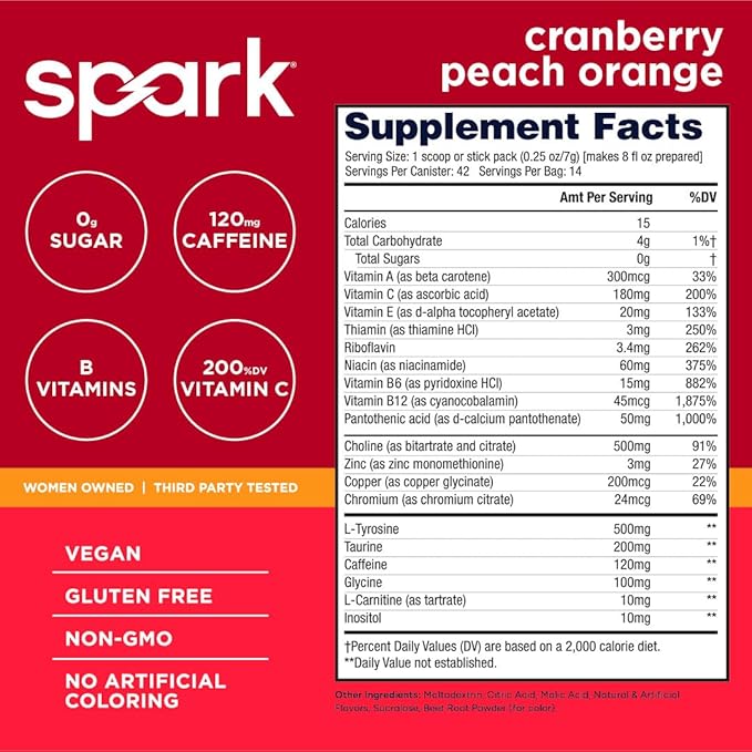 AdvoCare Spark - Energy Drink Mix - Vitamin &amp Amino Acid Supplement - Supports Energy &amp Focus* - Portable Immune Support* - Sugar-Free - Cranberry Peach Orange 14 Stick Packs (3.5 oz)