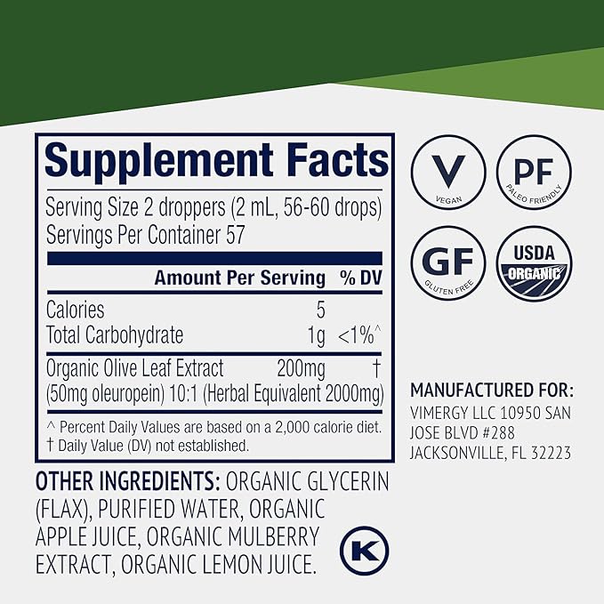 Vimergy Olive Leaf – Supports Immune Health* – Benefits Cardiovascular Function* – USDA Certified Organic Vegan Paleo-Friendly and Gluten-Free – 115 mL (57 Servings)