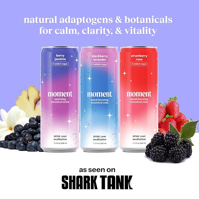 Moment Botanical Soda Soft Drink (Shark Tank) - SPARKLING Drinks | Berry Blast | L-Theanine &amp Ashwagandha for Calm &amp Clarity | 0 Added Sugar 0 Caffeine | 12-pack