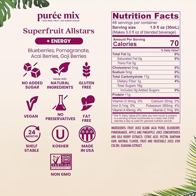 Smartfruit Superfruit All-Stars + Energy – 100% Real Fruit Purée with Blueberry Pomegranate Acai &amp Goji Berries – Great for Smoothies Juice Yogurt Cocktails Teas &amp More – 48oz