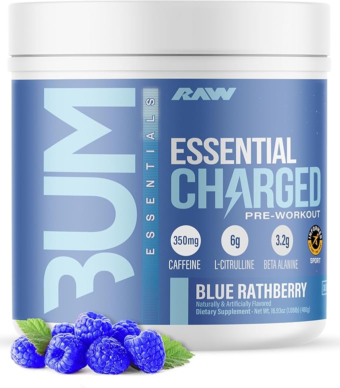RAW Pre-Workout Powder Essential CHARGED (Blue Rathberry) - Preworkout Supplement for Men &amp Women - Supports Focus Mood &amp Performance - Caffeine Alpha-GPC L-Citrulline Beta Alanine (25 S