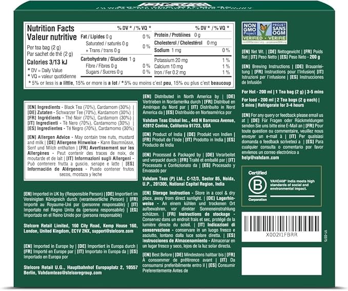VAHDAM Cardamom Masala Chai Tea Bags (100 Count) Non GMO Gluten Free No Artificial Flavor | Blended w/Exotic Spices | Chai Tea | Resealable Ziplock Pouch