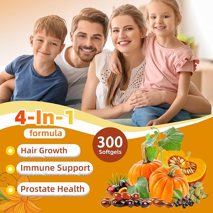 4-in-1 Pumpkin Seed Oil 3000mg with Saw Palmetto &amp Vitamin D3 – Cold Pressed Softgels for Hair Prostate &amp Bladder Wellness – Non-GMO 300 Capsules (100-Day Supply)