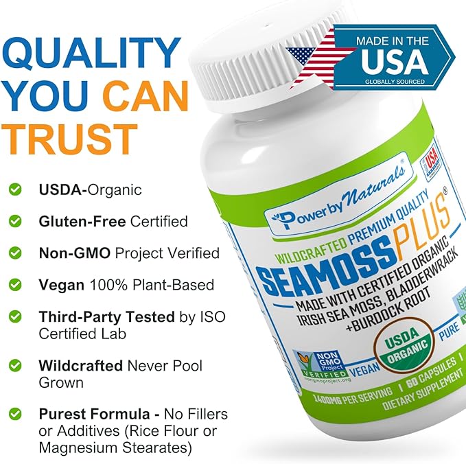 Power By Naturals Sea Moss Plus - USDA Certified Organic Wildcrafted Irish Seamoss Bladderwrack &amp Burdock Root Supplement for Immunity 60Ct 2 Pack