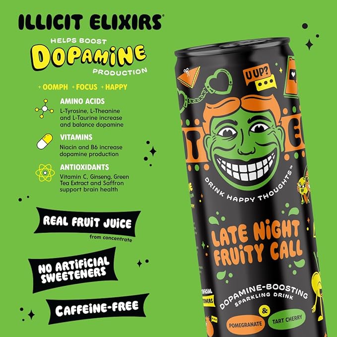 Illicit Elixirs Pomegranate &amp Tart Cherry Flavored Sparkling Juice Drink Late Night Fruity Call No Artificial Sweetener 12 Fluid Ounces (Pack Of 12)