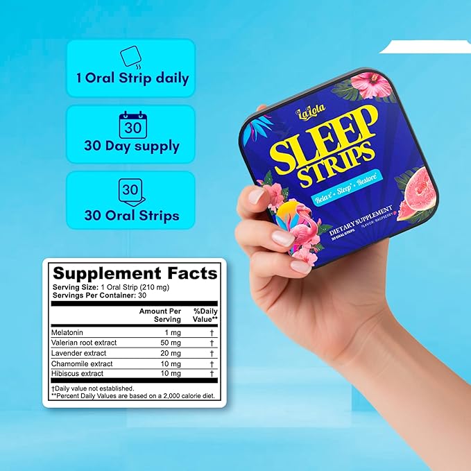 LALOLA Sleep Strips Fast-Dissolving Oral Strips Sleep Aid with Valerian Root Lavender Chamomile Hibiscus and Melatonin Non-Habit Forming