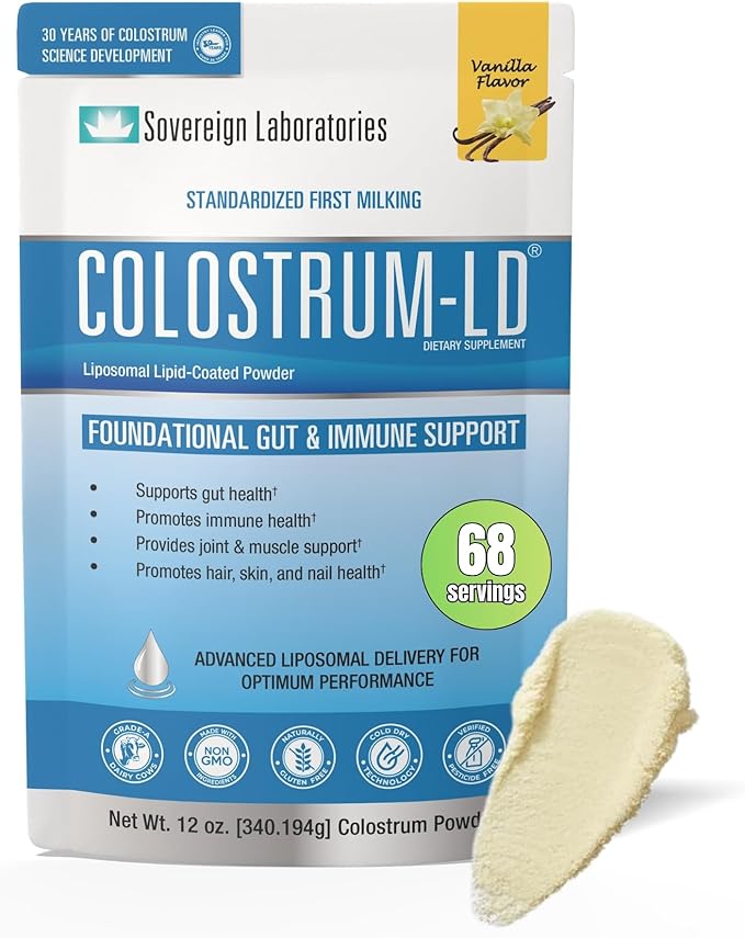 Colostrum-LD Liposomal Delivery - Colostrum Powder - Gluten-Free Lactose-Reduced - 68 Servings - Sovereign Laboratories - 12oz Vanilla