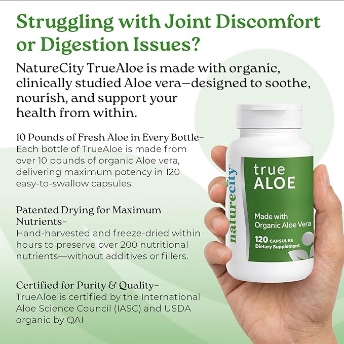 NatureCity True-Aloe Gut Health Support – Per Serving – Organic Aloe Vera (120 Capsules) for Digestive Skin &amp Joint Support | Small Easy-to-Swallow Pills