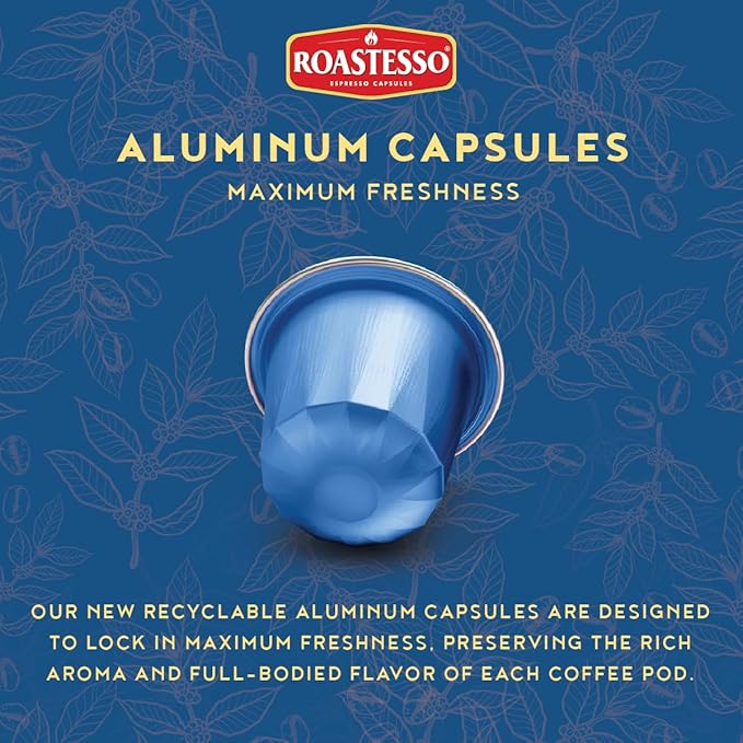 Roastesso Aluminum Espresso Capsules Sunset Decaf Decaffeinated Pods Compatible with Nespresso Original Machines Mild Roast Intensity 8 Recyclable Coffee Capsules Packed in USA (80 Count)