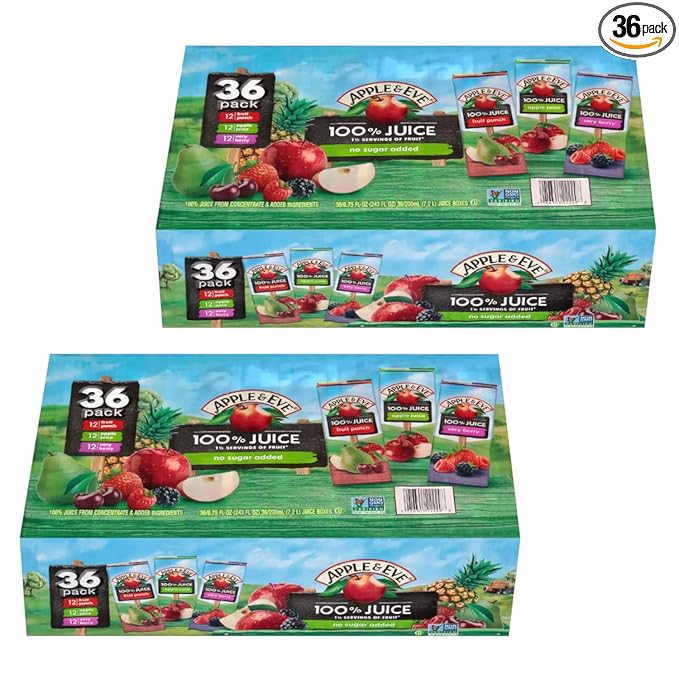 Apple &amp Eve 100% Juice Variety Pack | Apple Very Berry &amp Fruit Punch Flavors | 6.75oz Juice Boxes 36 Count (2 Packs of 36)