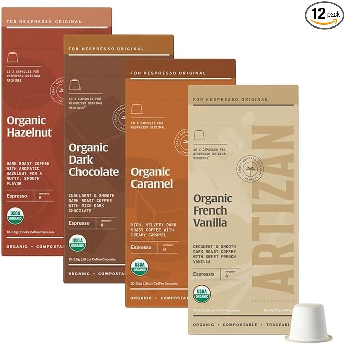 Artizan Coffee USDA Organic Espresso Coffee Capsules For Nespresso Original | Flavors Variety | 120 Compatible Compostable Pods