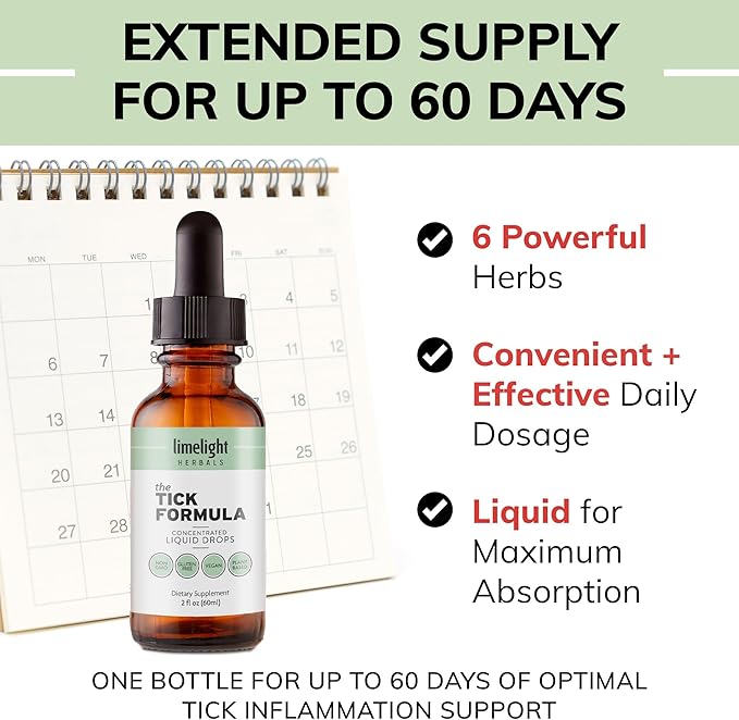 LIMELIGHT HERBALS Tick Formula Liquid Drops – Natural Tick Support Immune Boost &amp Detox – Japanese Knotweed Andrographis Cat’s Claw Red Sage Kudzu Teasel – 60 Servings – Vegan Non-GMO USA