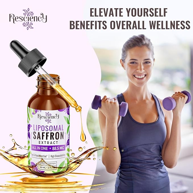Resciency Liposomal Saffron Supplements Drops 88.5mg – High Bioavailability Liquid Saffron Extract for Mood Support Energy Focus &amp Vision with Ashwagandha Magnesium Zinc B12 &amp D3 2 fl oz