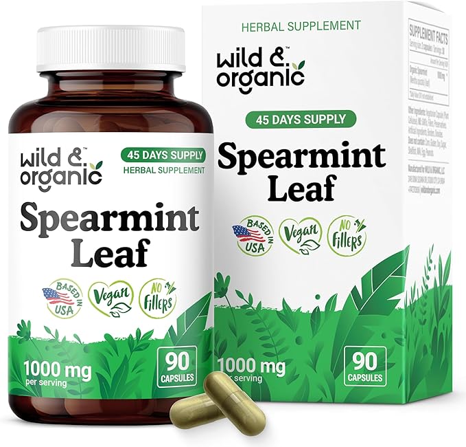 Wild &amp Organic Spearmint Capsules - 1000 mg Spearmint Supplement for Digestive Support - 45 Days of Supply - 90 Leaves Extract Capsules - Vegan Non-GMO Gluten-Free No Fillers