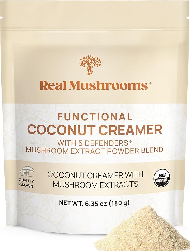 Real Mushrooms Functional Coconut Creamer with Reishi Lucuma &amp Ceylon Cinnamon – Organic Dairy-Free – Vegan Coffee Creamer for Smoothies &amp Drinks – 90 Servings Organic Cream Coconut Powder