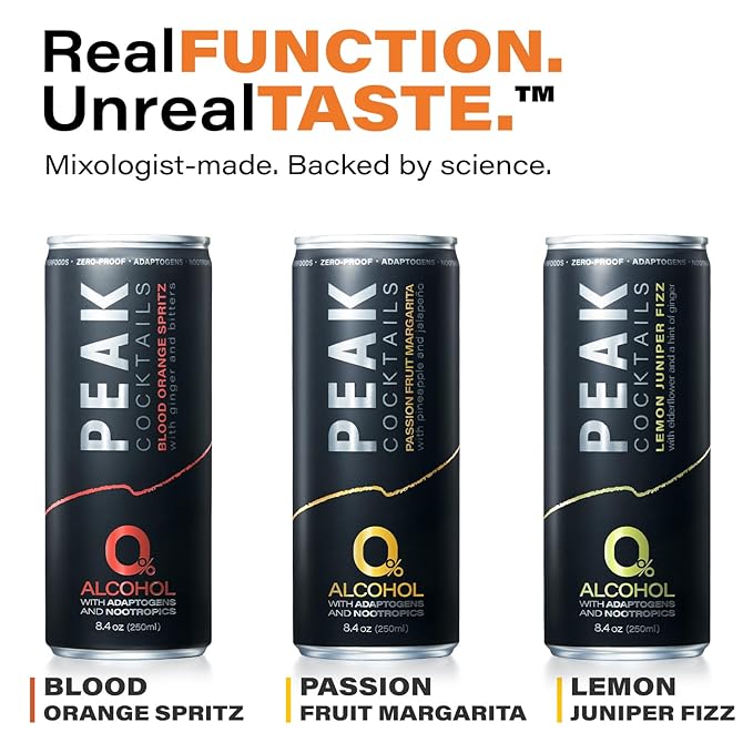 Peak Cocktails Non-Alcoholic Cocktail | Adaptogens Nootropics Superfoods for Recovery Calm Sleep | Ashwagandha Tart Cherry L-Theanine | Mixologist-crafted | Lemon Juniper Fizz | 8.4 oz 12-Pack