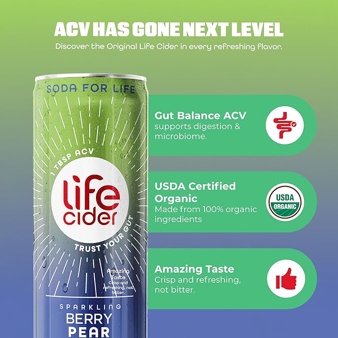 Life Cider Berry Pear Flavored Apple Cider Vinegar Soda 12 Pack Organic Sparkling AVC Drink Natural Flavors Promotes Gut Health Vitamins C B12 Zinc D3