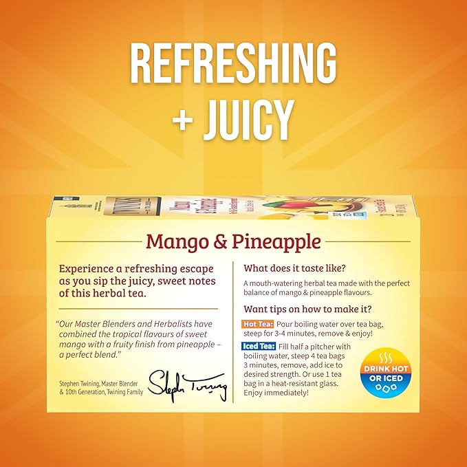 Twinings Mango &amp Pineapple Herbal Tea Individually Wrapped Bags 20 Count (Pack of 6) Naturally Caffeine-Free Enjoy Hot or Iced 120 Teabags
