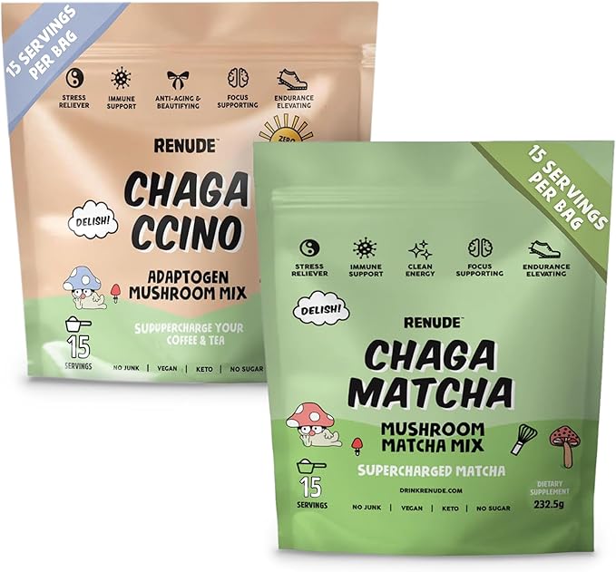 Renude Chaga Matcha and Chagaccino - Chaga Mushroom Powder for Coffee and Matcha Mushroom Drink Mix with Adaptogens Natural Energy and Immune Support Vegan Keto - 15 Servings Each