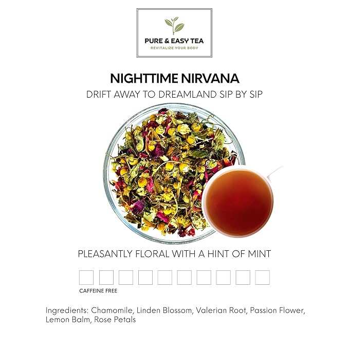 Pure And Easy Tea Nighttime Nirvana Caffeine-Free Herbal Sleep &amp Relaxation Tea Loose Leaf Blend with Chamomile Lavender &amp Lemon Balm Premium Wellness Tea (100g)