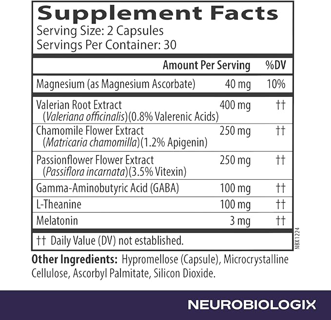 Neurobiologix Neuro Night Essentials Calming Nighttime Formula with GABA L-Theanine Valerian Root &amp Magnesium Supports Relaxation Emotional Balance &amp Wind-Down Routine 60 Vegetarian Capsule