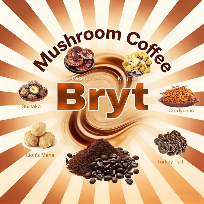 Bryt Mushroom Coffee with 6 Adaptogenic Mushrooms + Collagen – Steady Energy Focus &amp Immunity Support 6.35 oz(1pcs)