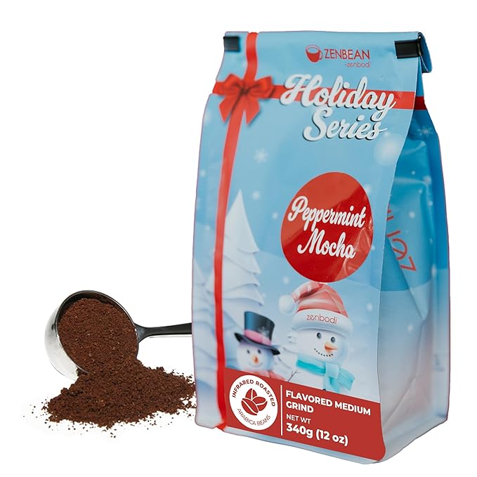 ZENBEAN Holiday Series Flavored Coffee Bundle - Pumpkin Spice Holiday Blend and Peppermint Mocha - Medium Grind Infrared Roasted Arabica Coffee Low Acid with Rhodiola Rosea and L-Theanine