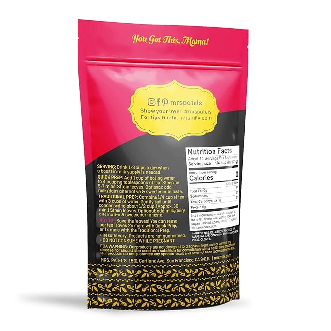 Mrs.Patel's Lactation Tea Chai Spice Blend Rich and Sweet For Breastfeeding and Pumping Moms Drink Iced or Hot Loose Leaf Caffeine-Free Gluten-Free Dairy-Free Fenugreek-Free (1 Pouch)