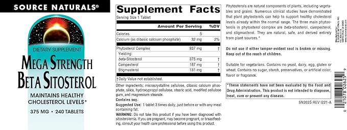 Source Naturals Mega Strength Beta Sitosterol Plant Sourced 375mg - 240 Tablets