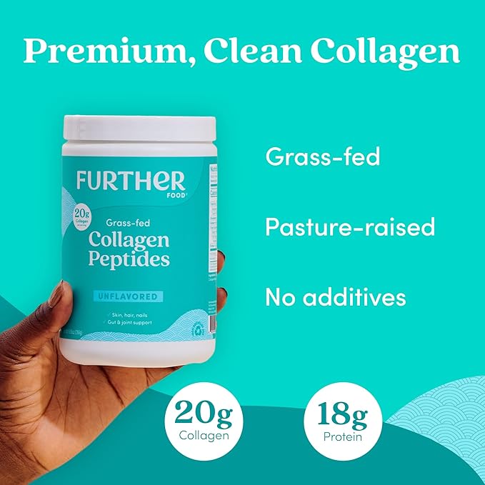 Further Food Unflavored Collagen Peptides Powder - 100% Grass-Fed Hydrolyzed Type 1 &amp 3 20g of Collagen per Serving Supports Skin Hair Nails &amp Joints 21.16 Oz