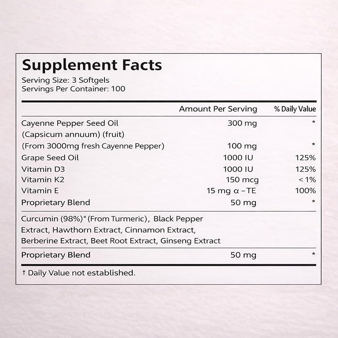 Cayenne Pepper Softgels Organic Cayenne Pepper Capsules with Vitamins D3 K2 Grape Seed Beet Root Capsaicin Supplements Supports Heart and Blood Vessel Health Non-GMO 300 Softgels