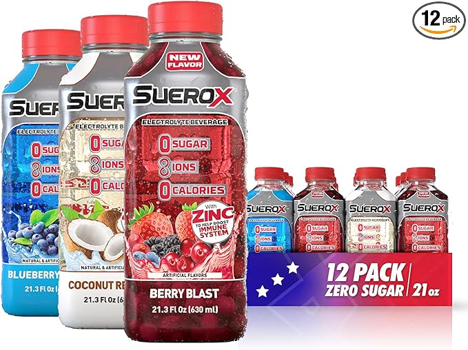 SueroX Zero Sugar Electrolyte Drink Patriotic Pack: Blueberry Coconut Berry Flavors. Sugar-Free Hydration &amp Recovery with 8 Ions &amp Electrolytes. Zero Calorie Sports Drink 21.3 Fl Oz 12 Cou