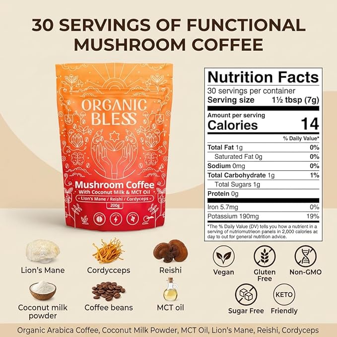 Organic Bless Instant Mushroom Coffee Powder – Organic Lion’s Mane Reishi &amp Cordyceps Blend for Energy Focus &amp Clarity – Adaptogenic Coffee with Coconut Milk &amp MCT Oil – 30 Servings