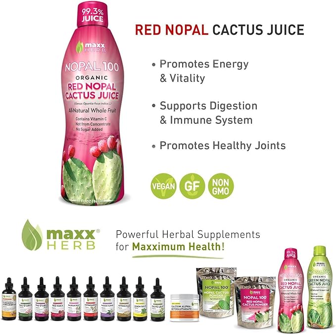 Maxx Herb Organic Red Nopal Cactus Juice - for Joint Support Healthy DigestionVegan Non-GMO and Gluten Free – 4 Bottles 32 Oz Each (128 Servings)