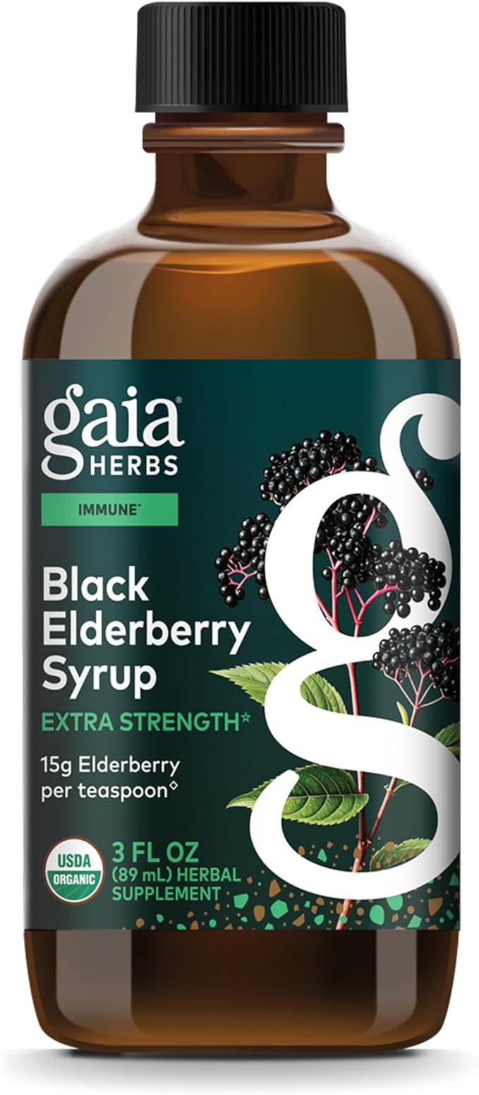 Gaia Herbs Black Elderberry Syrup - Made with Organic Black Elderberries (Sambucus nigra) for Immune System Support* - USDA Certified Organic Formula - 3 Fl Oz (About 18 to 71 Servings)