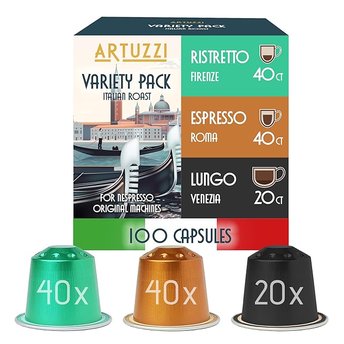 Artuzzi 100ct Compatible Nespresso Coffee Pods For Nespresso Original Machines | 40 Espresso 40 Ristretto 20 Lungo Capsules Italian Roast | Variety Pack I Aluminum &amp Recyclable